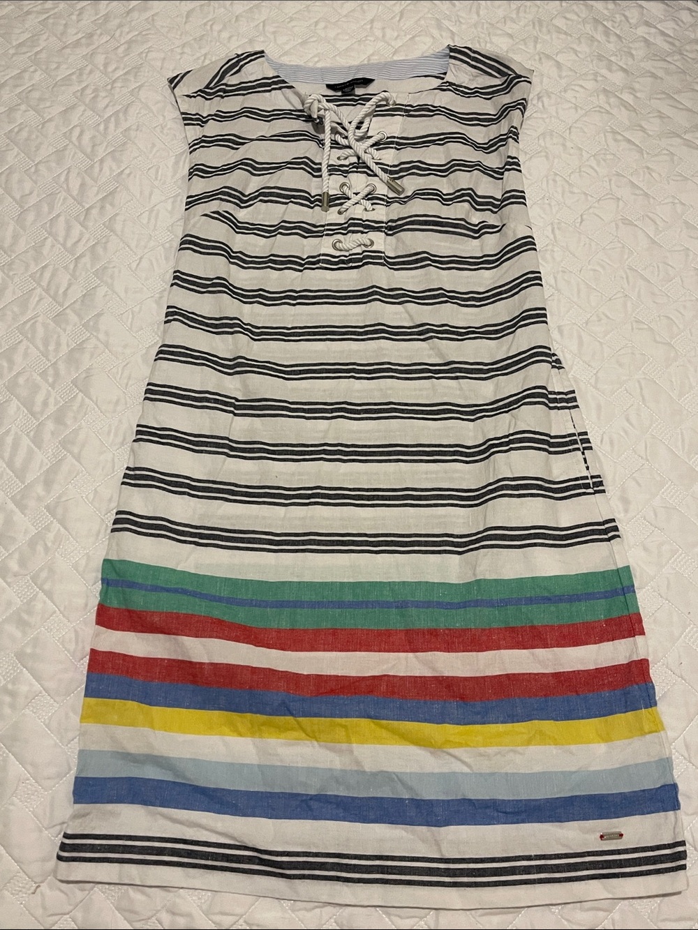 Tommy Hilfiger White Striped Lace-Up Kids Dress with Multicolor Bands